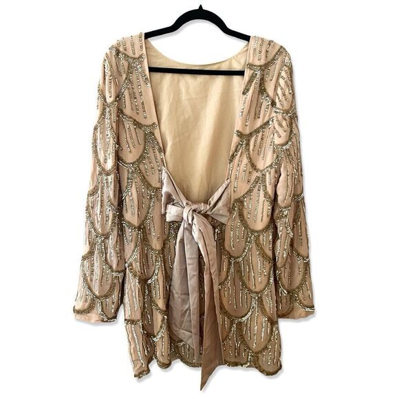 NBD Tristan Sequin Mini Dress Gold Nude Bow Back Revolve NWT $368 SZ L - Picture 8 of 15